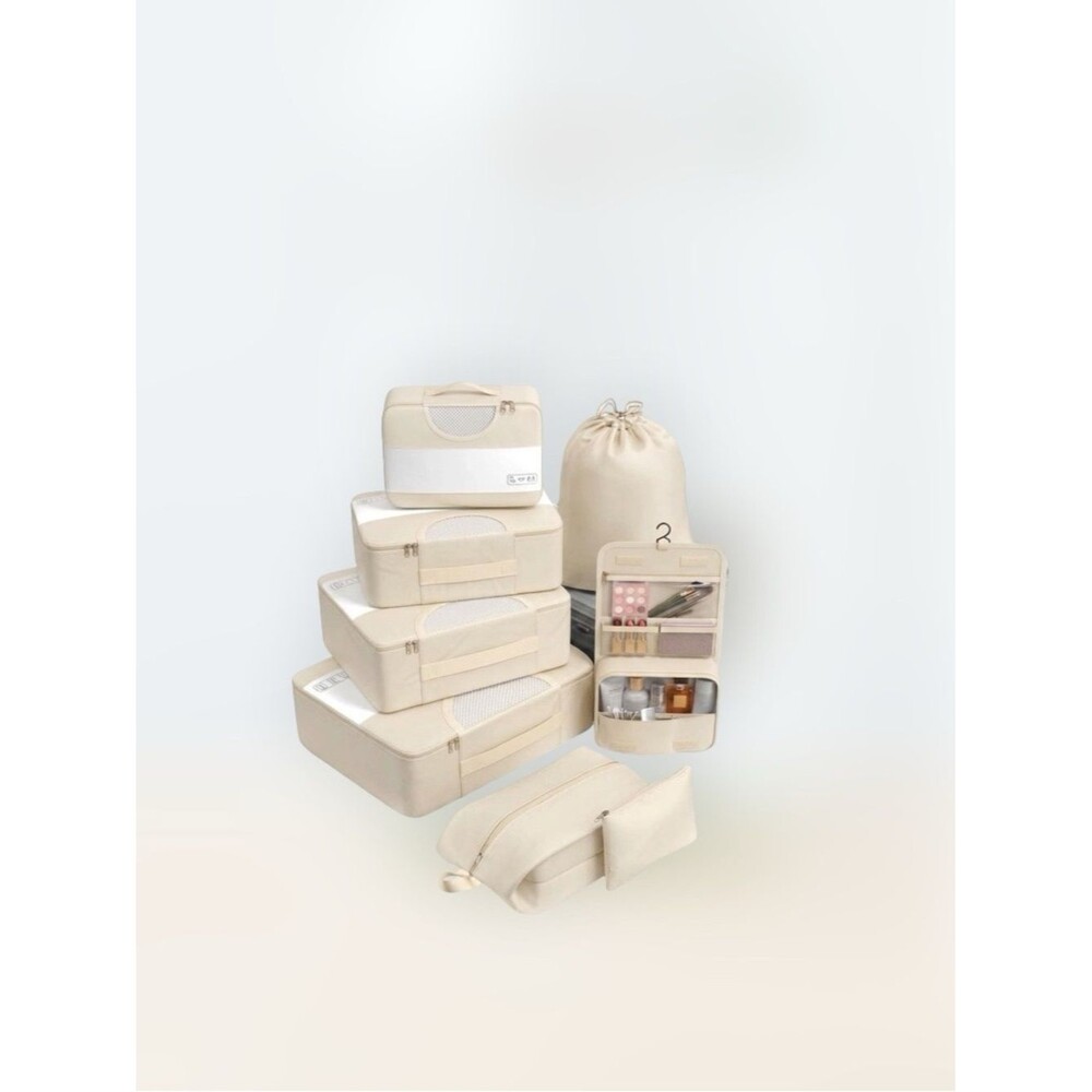 8 Piece Packing Cubes Set Travel Luggage Compression Bags Neutral Cream / Beige